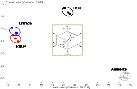 Principal Components Analysis (PCA) carried out using the data sets obtained with a commercial electronic nose after 223 days and structure of α-pinene. 
